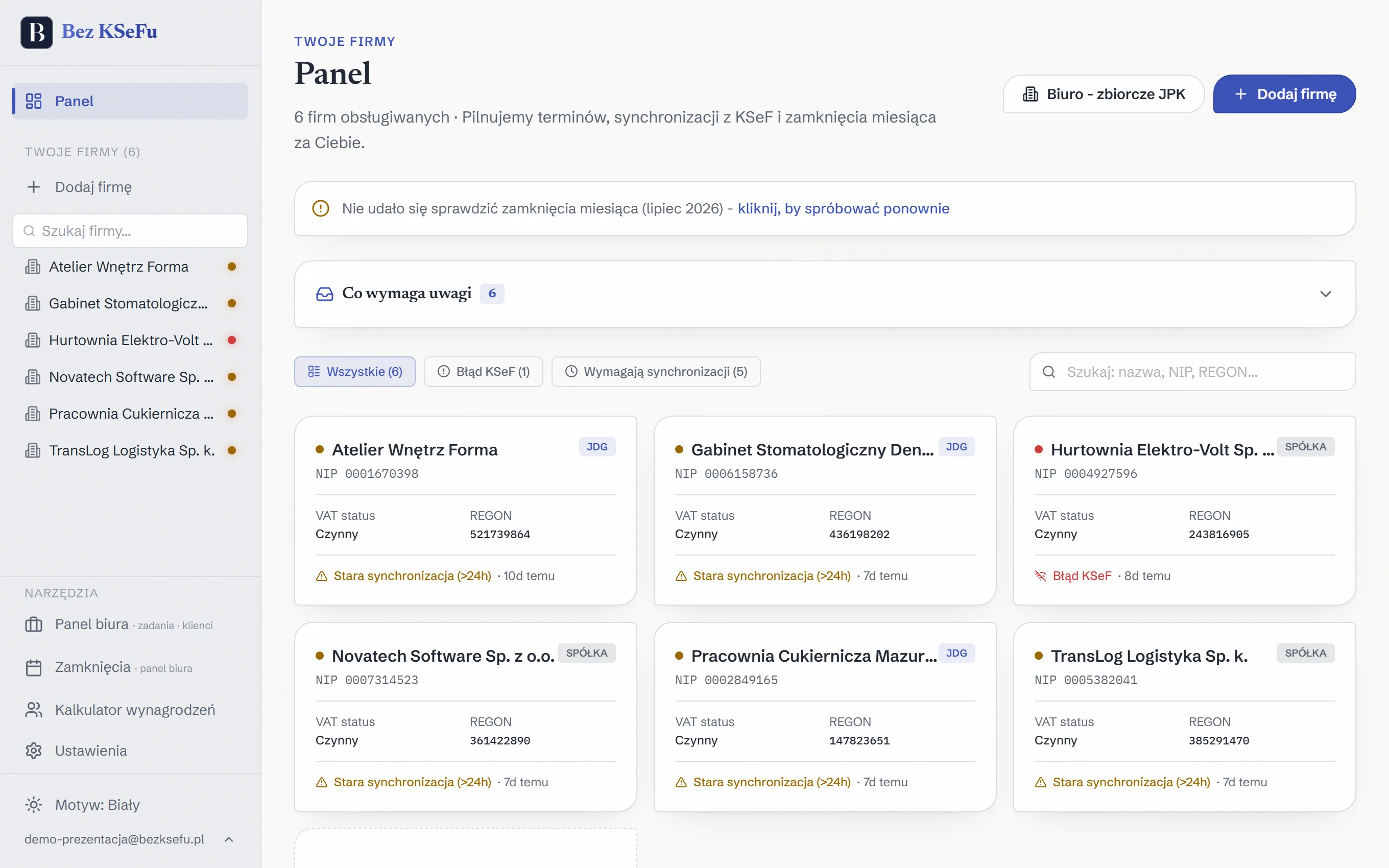 Panel Bez KSeFu - firmy z kolorowymi statusami synchronizacji KSeF, widget Co wymaga uwagi oraz filtry
